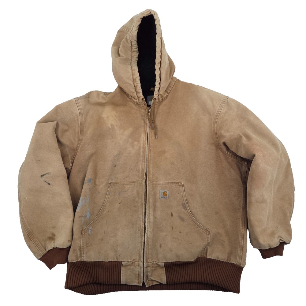 2008 Carhartt J140 BRN USA Union Made Canvas Hooded Jacket Sz XL Painted WORN